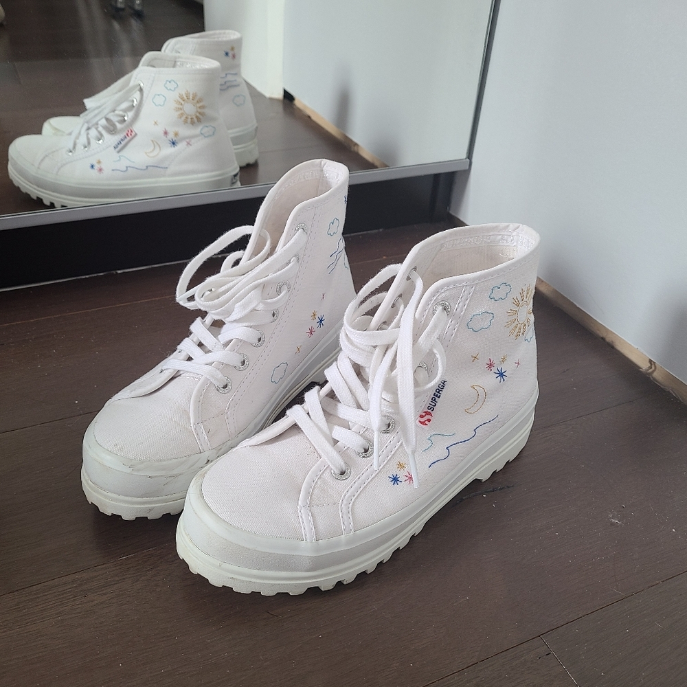 Superga White & Blue Sky Embroidery-Accent Alpina Platform Hi-Top Sneaker 36